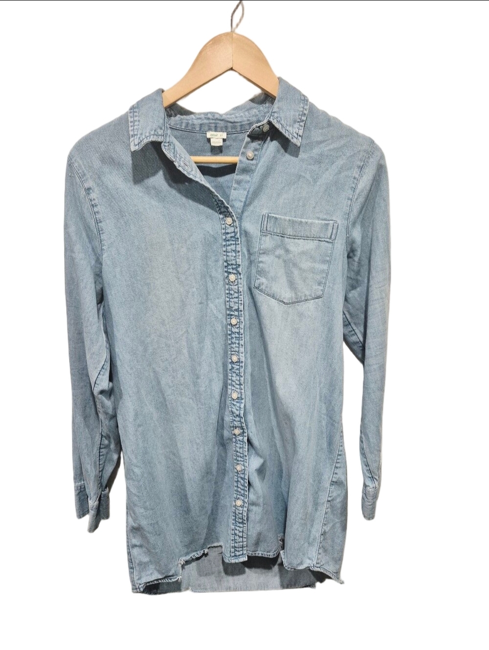 Aerie Oversized Denim Boyfriend Shirt Tunic Light Wash Button Down Raw Hem